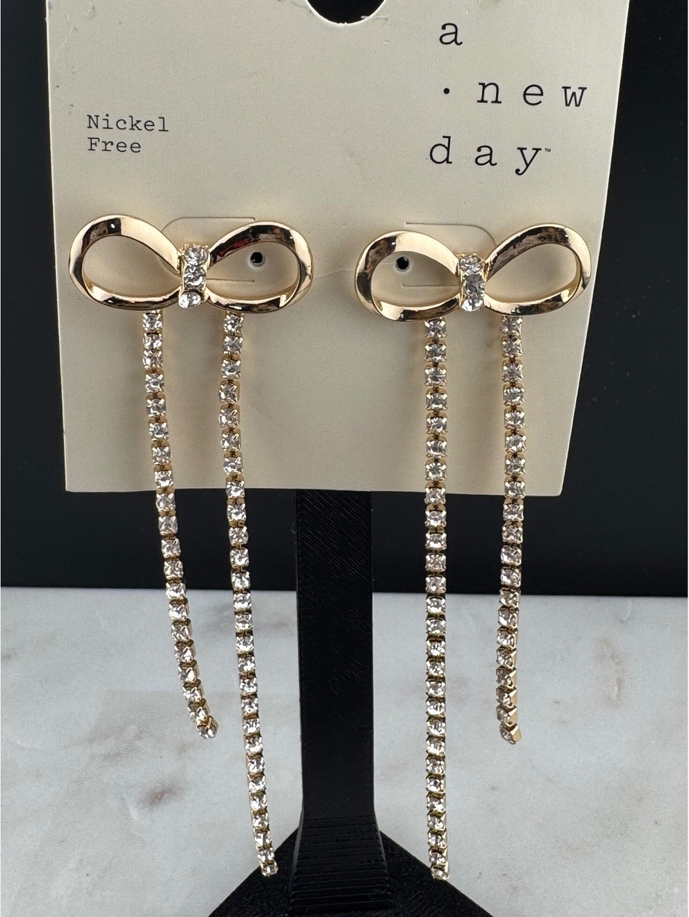 a new day Gold Tone Bow Dangle Earrings with Rhinestones